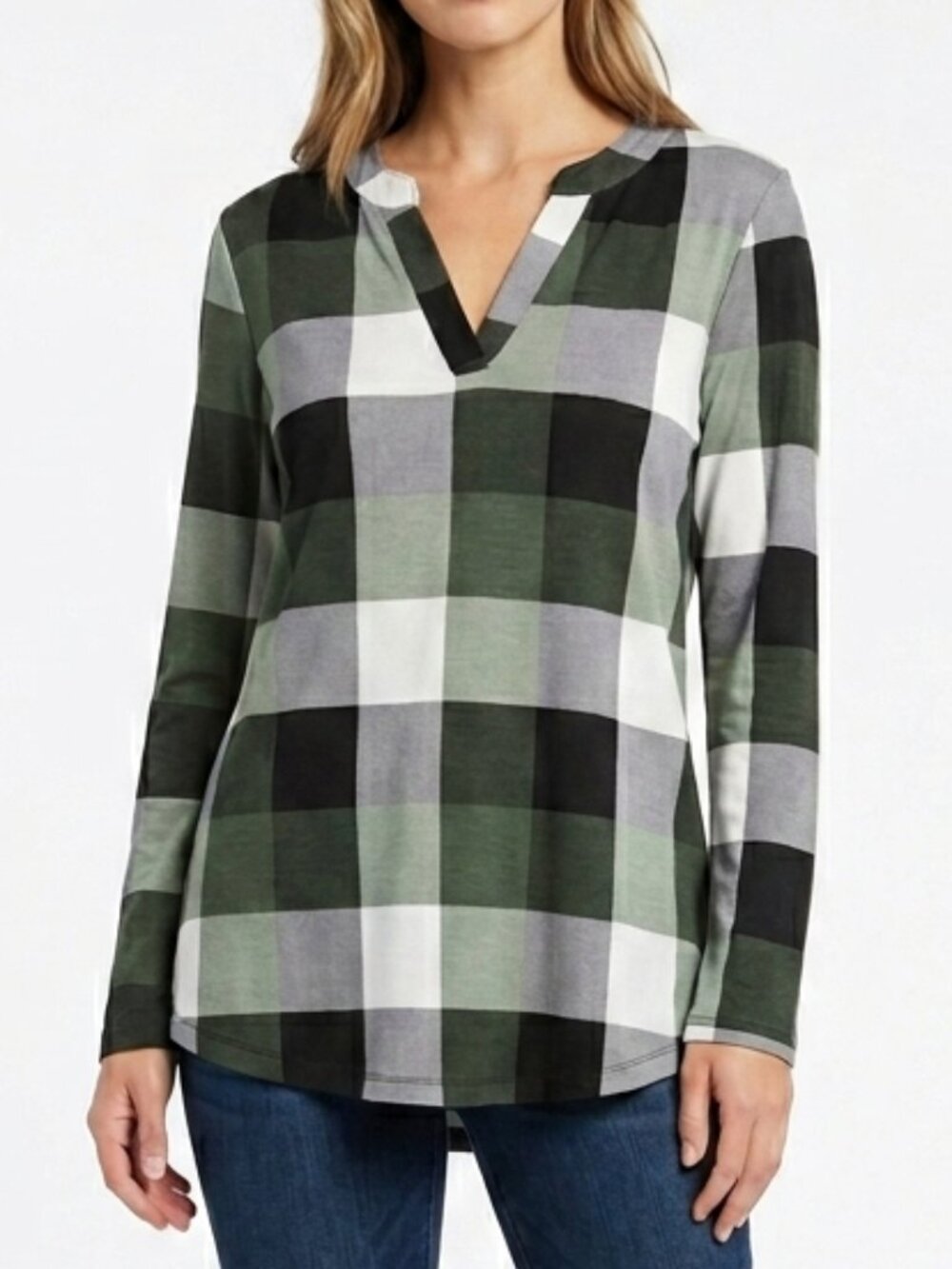 Casual Boho Dokotoo‎ Olive Green Buffalo Plaid Pullover Top Size XL